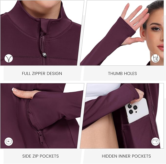 Women's Workout Jackets Full Zip Running Yoga Jackets Lightweight Athletic Clothes with Thumb Holes