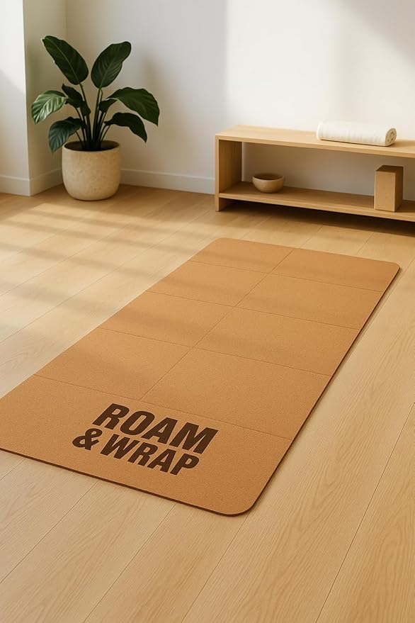 Roam & Wrap TRUE FOLDING Cork Yoga Mat 5mm Thick - Not Rolled, Fits in Backpack & Carry-On - Non-Slip Portable Mat for Travel, Pilates & Gym