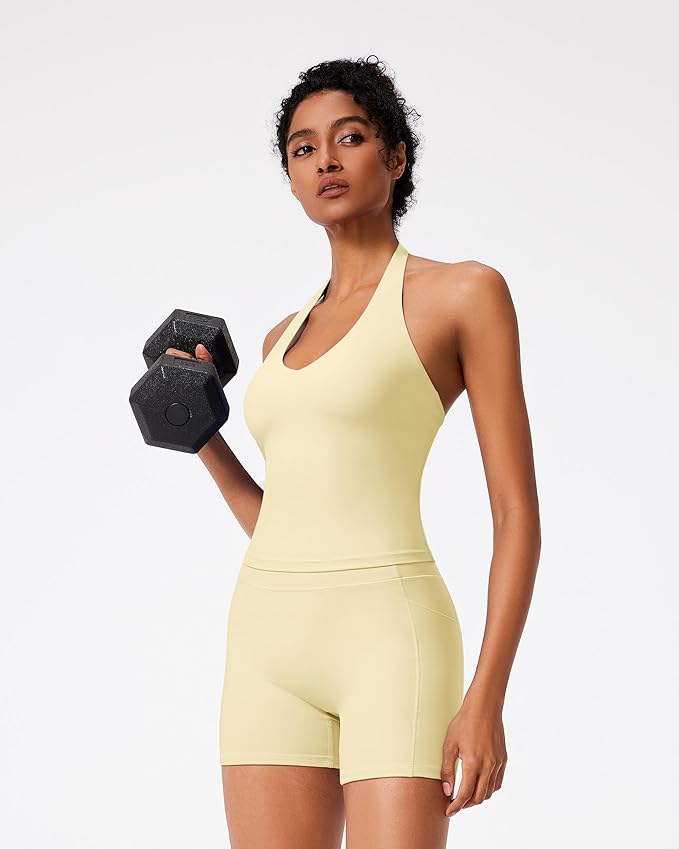 RXRXCOCO Halter Workout Sets for Women 2 Piece V Neck Tank Tops Hidden Scrunch Booty Shorts Gym Outfits with Pockets
