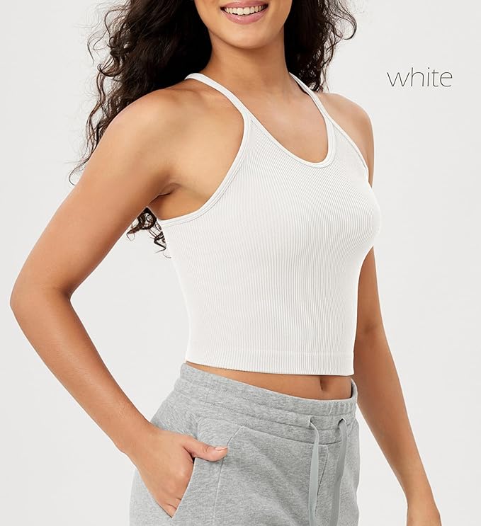 ODODOS Women's Crop 3-Pack Seamless Rib-Knit Camisole Crop Tank Tops