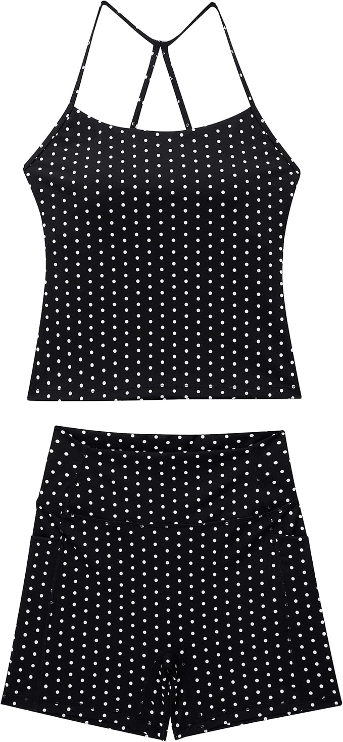 OMKAGI 2 Piece Workout Sets for Women Padded Sports Bra Tank Booty Gym Shorts with Pockets
