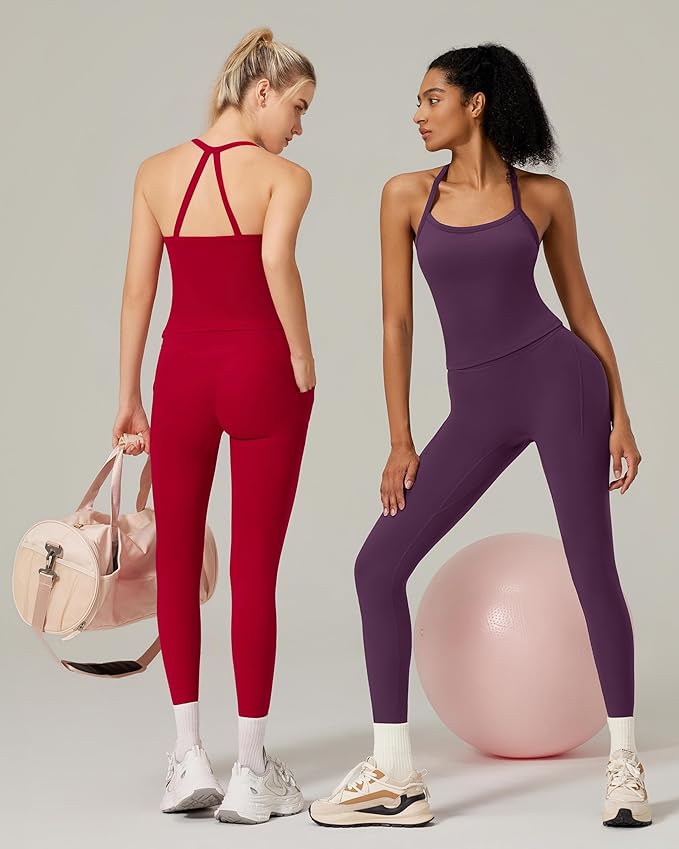 RXRXCOCO Cross Back Workout Sets for Women 2 Piece Padded Tank Tops Hidden Scrunch Leggings Gym Outfits with Pockets