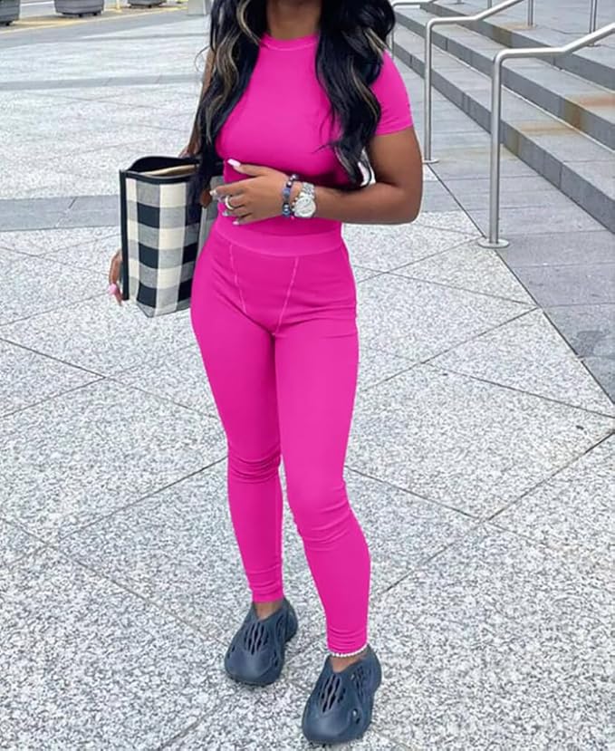 AYWA Two Piece Outfits for Women Fitted Crew Neck T-shirt High Waist Leggings Biker Shorts Matching Sets Streetwear