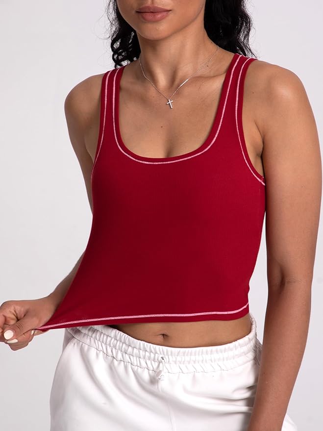 Danysu Women Rib Tank Top Padded Workout Top Square Neck Crop Tank Fitted Basic Cami Tops