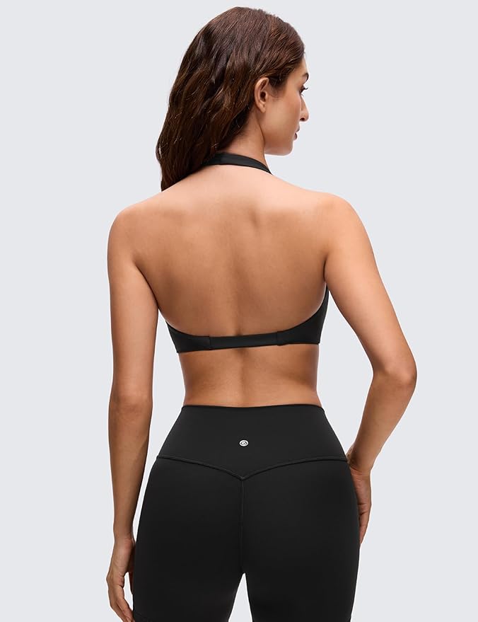 CRZ YOGA Butterluxe Double Lined Twist Halter Sports Bras for Women - Deep V Neck Crop Top Casual Open Back Non Padded