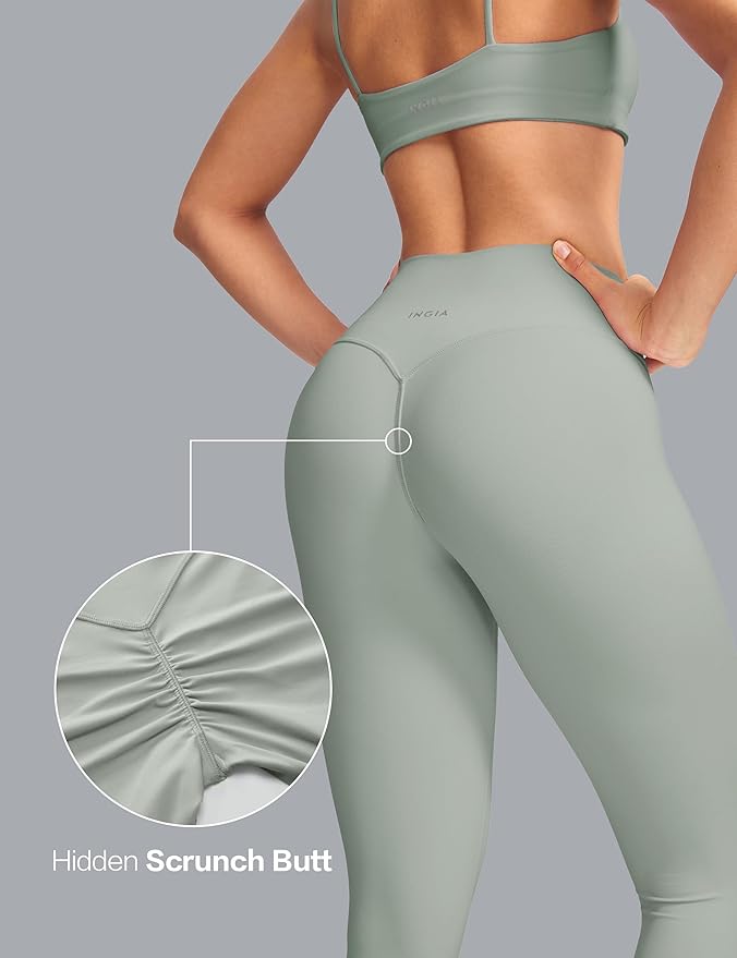 INGIA Womens High Waist No Front Seam Scrunch Butt Leggings Workouts 25 Inches V-Back Scrunch Booty Gym Yoga Pants