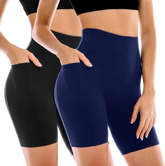 Leafigure 2 Pack Womens Biker Shorts with Pockets, High Waisted Yoga Shorts for Women Running Gym and Workout