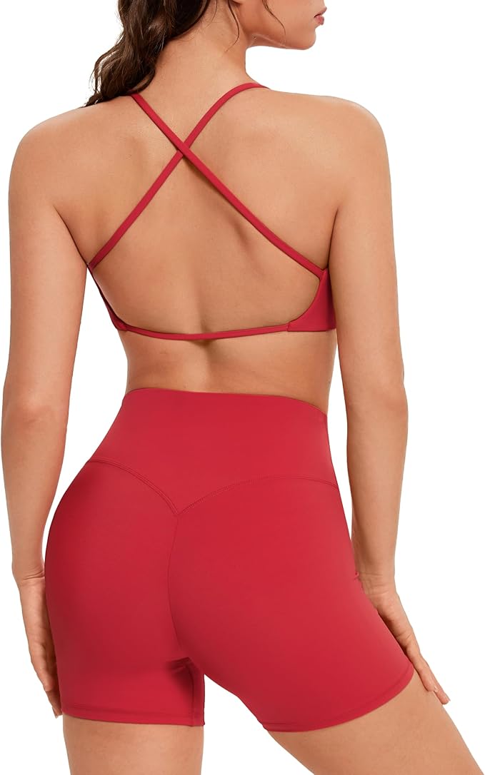 OMKAGI Workout Sets for Women Open Back Strappy Sports Bra Booty Biker Shorts Gym Outfits