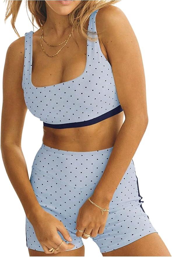 Milumia Women's Polka Dots Workout Set 2 Piece Color Block Yoga Outfit Bra Tank High Waisted Biker Shorts
