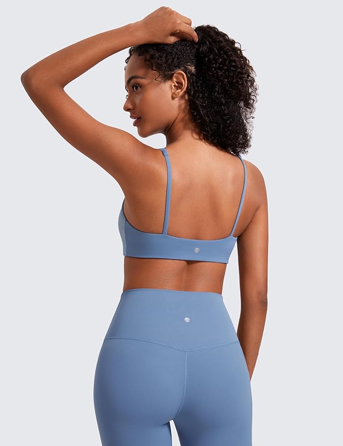 CRZ YOGA Butterluxe Square Neck Spaghetti Strap Sports Bras for Women - Low Coverage Yoga Wireless Padded Cami Crop Top
