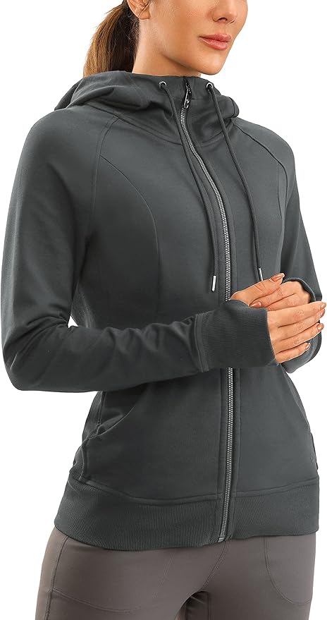 CRZ YOGA Women's Full Zip Hooded Sweatshirts Workout Sweat Jackets Slim Fit Running Track Hoodies with Thumbholes