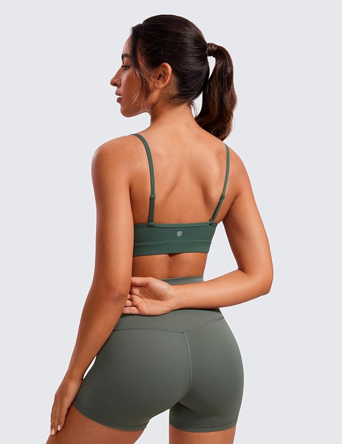CRZ YOGA Butterluxe V-Neck Sports Bras for Women - Adjustable Thin Straps Padded Yoga Top Basic Wireless Camisole