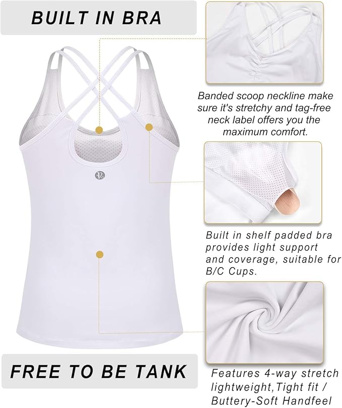 RUNNING GIRL Yoga Tank Tops for Women Built in Shelf Bra B/C Cups Strappy Back Activewear Workout Compression Tops