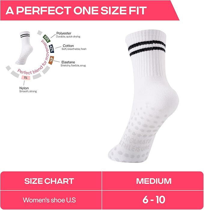 CoolMate Pilates Socks with Grips for Women, Yoga Socks, Crew Non Slip Women for Barre, Pilates Gifts for Women
