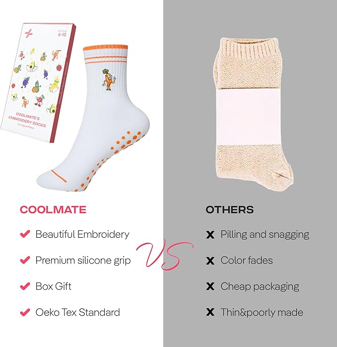 CoolMate Pilates Socks with Grips for Women, Yoga Socks, Crew Non Slip Women for Barre, Pilates Gifts for Women