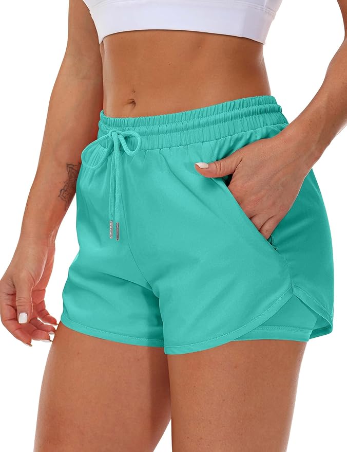 Mancreda Women's Running Shorts with Liner 3 Zipper Pockets Elastic Workout Athletic Gym Yoga Shorts