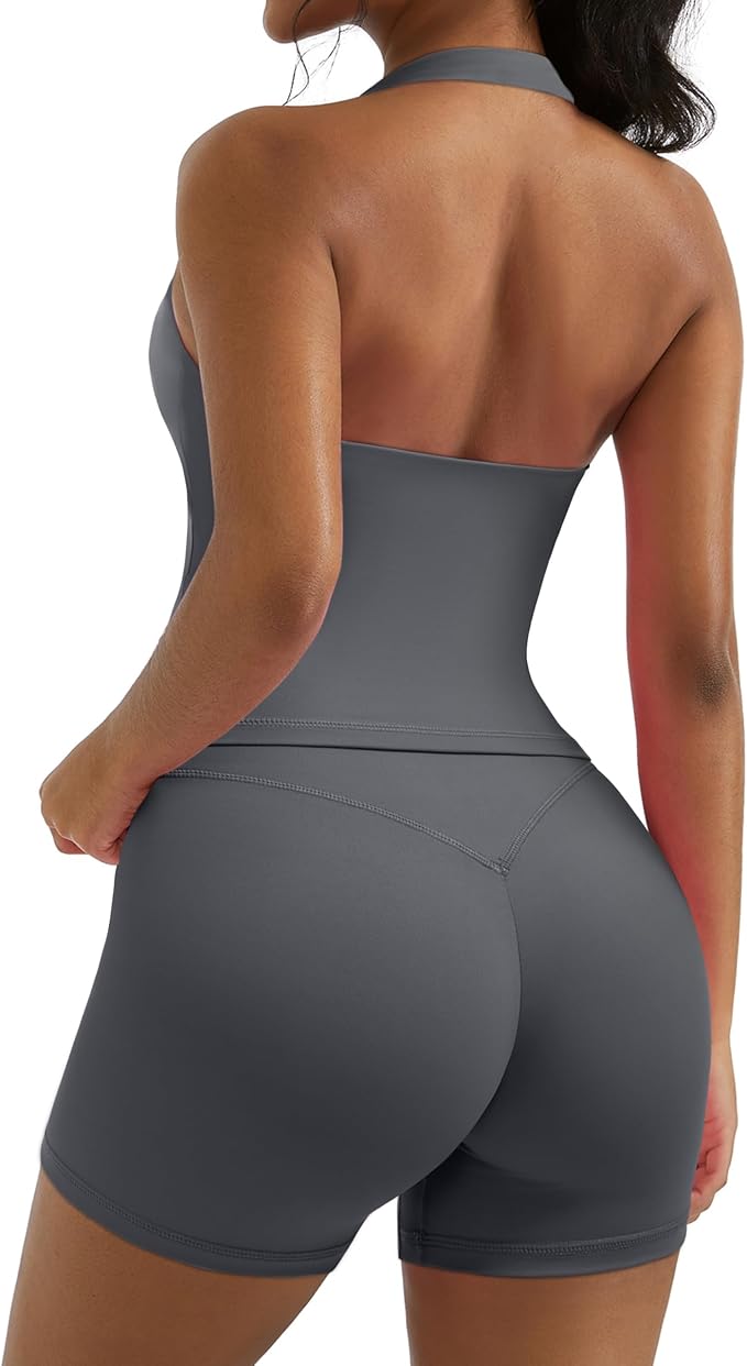 OMKAGI 2 Piece Workout Sets for Women Halter Sports Bra Tank Gym Biker Shorts Outfits