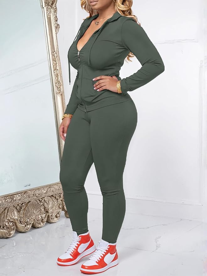 Women Two Piece Outfits Workout Sets Bodycon Legging Jacket Tracksuit Zip Up Hoodie Jogger Matching Sweat Pants Set