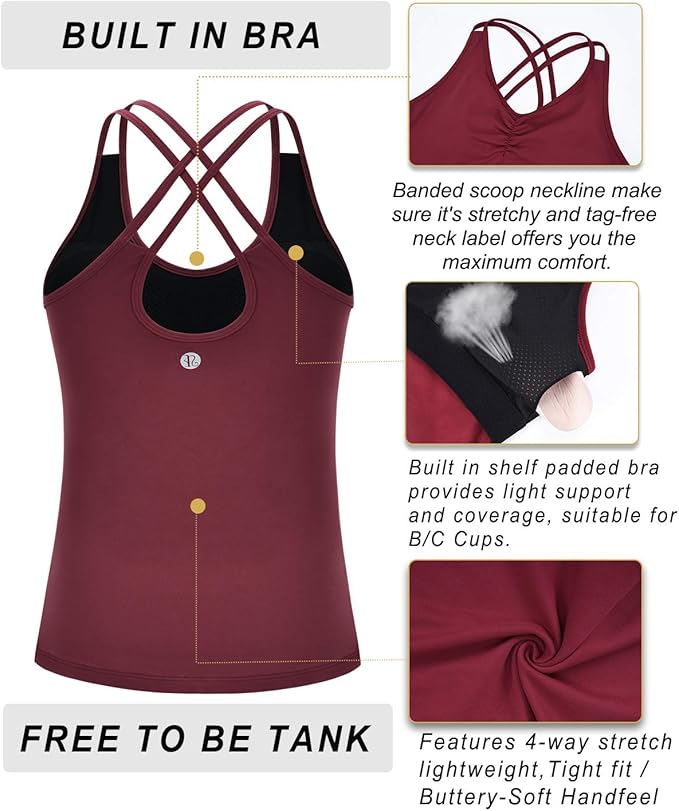 RUNNING GIRL Yoga Tank Tops for Women Built in Shelf Bra B/C Cups Strappy Back Activewear Workout Compression Tops
