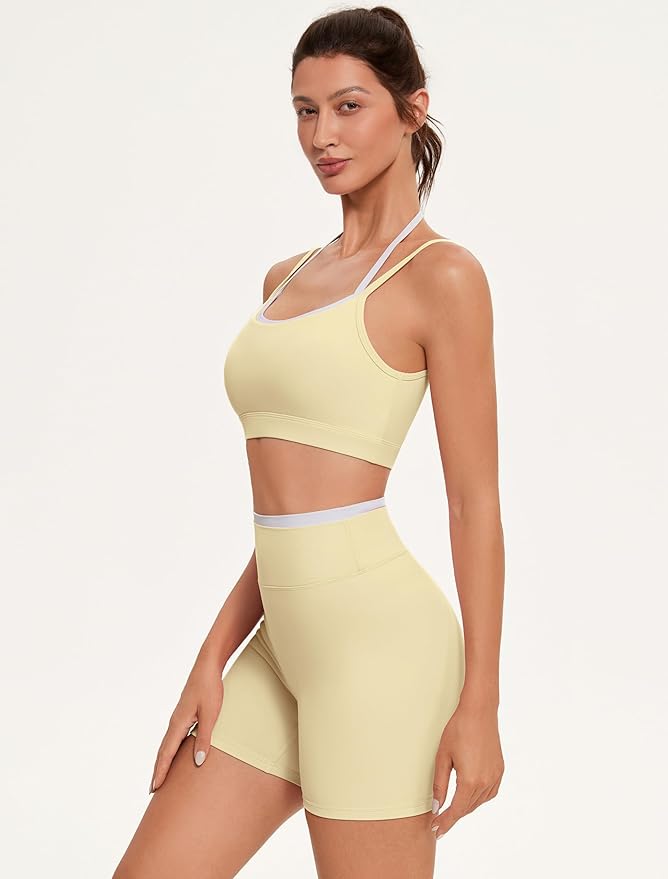 OMKAGI Workout Sets for Women Cute Doubel Layer Open Back Sports Bras Gym Shorts Outfits