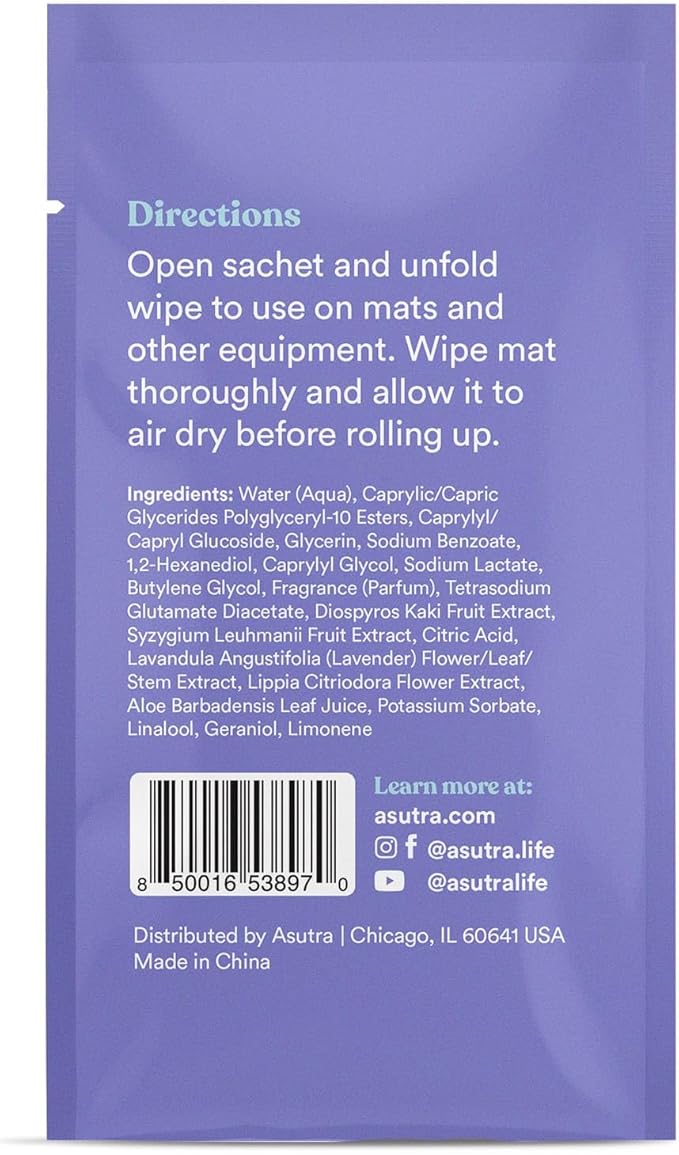 ASUTRA Yoga Mat Wipes (Lovely Lavender), Individually Wrapped Wipes 1 Box (30 Wipes)- No Slippery Residue, Deep-Cleansing for Fitness Gear & Gym Equipment