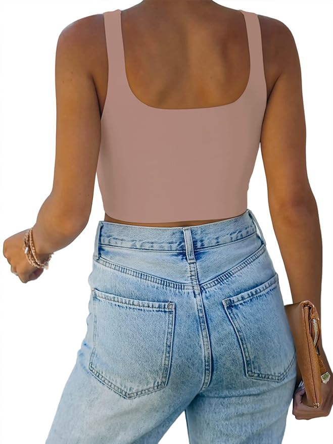 REORIA Women’s Sexy Square Neck Double Lined Seamless Sleeveless Cropped Tank Yoga Crop Basic Tops