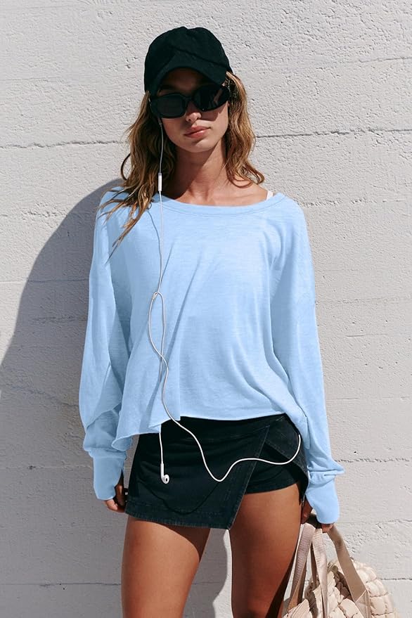 LASLULU Womens Open Back Long Sleeve Workout Tops Athletic Shirts Boat Neck Casual Running Tee Y2k Yoga Gym Tops