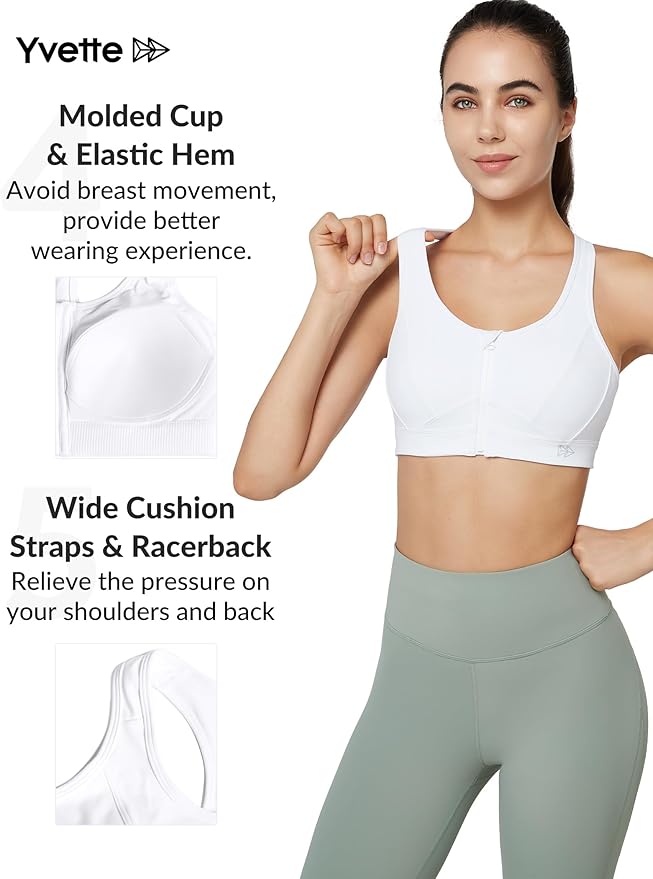 Yvette Zip Front Sports Bra - High Impact Sports Bras for Women Plus Size Workout Fitness Running