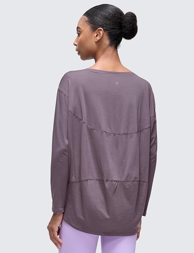 CRZ YOGA Pima Cotton Boat Neck Long Sleeve Shirts for Women - Workout Athletic Yoga Casual Tops Loose Fit Fall T-Shirts