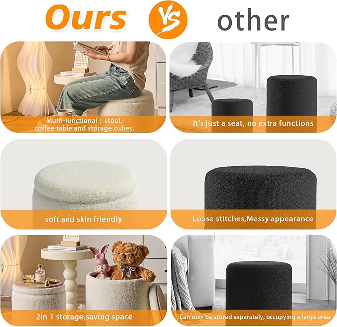 BLEXA Round Ottoman with Storage Set of 2-Upholstered Sherpa Vanity Stool for Makeup Multifunctional Ottomans Coffee Table Padded Seat Foot Rest for LivingRoom&Bedroom(Sherpa White)