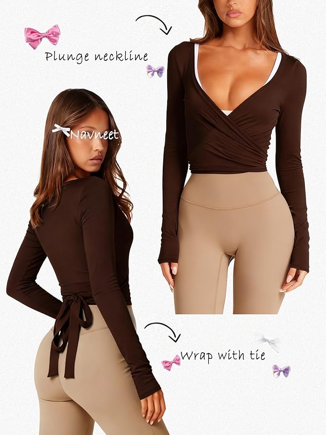 Navneet Women Long Sleeve Ballet Pilates Yoga Wrap Tie Front Tops Workout Gym Shirts Cardigan
