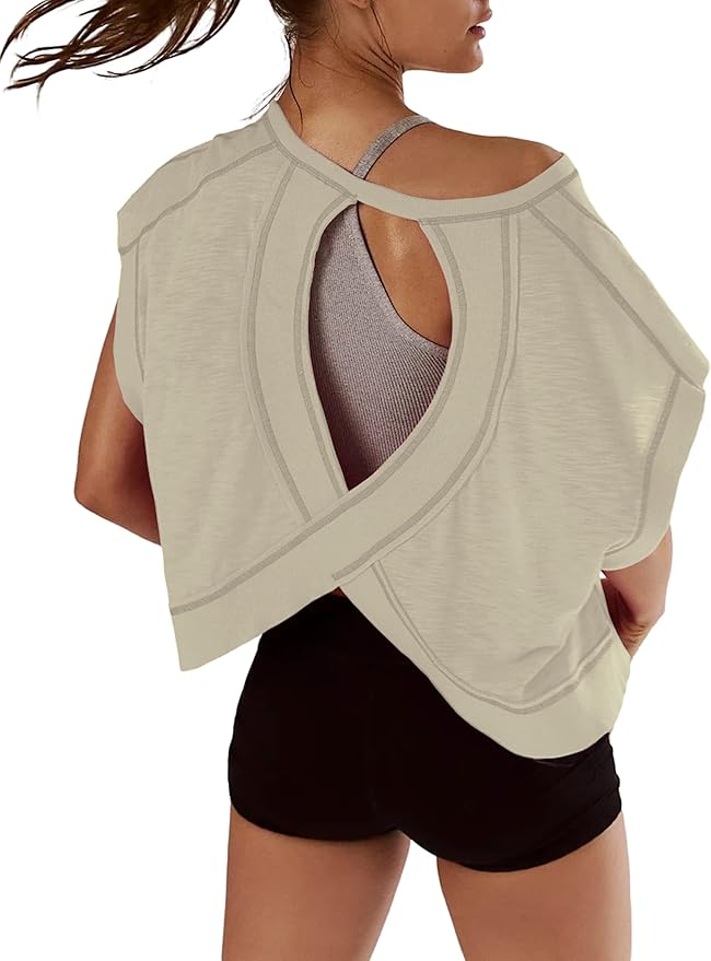 Kumufenc Women Short Sleeve Workout Shirts Open Back Tops Casual Yoga Y2k Athletic Gym Slouchy Crop Running Tees