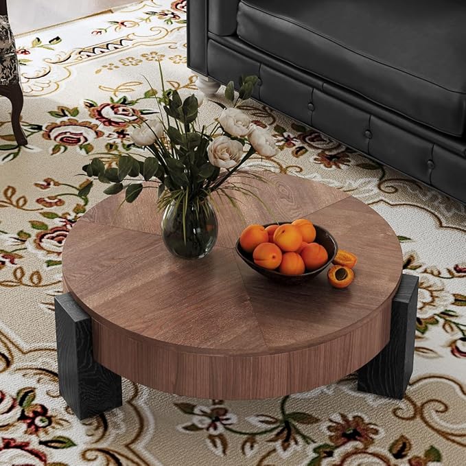 33'' Round Coffee Table with Hidden Storage, Modern Wood Veneer Top, 3 Block Legs Sturdy Center Accent Table for Living Room, Small Space, Walnut & Black