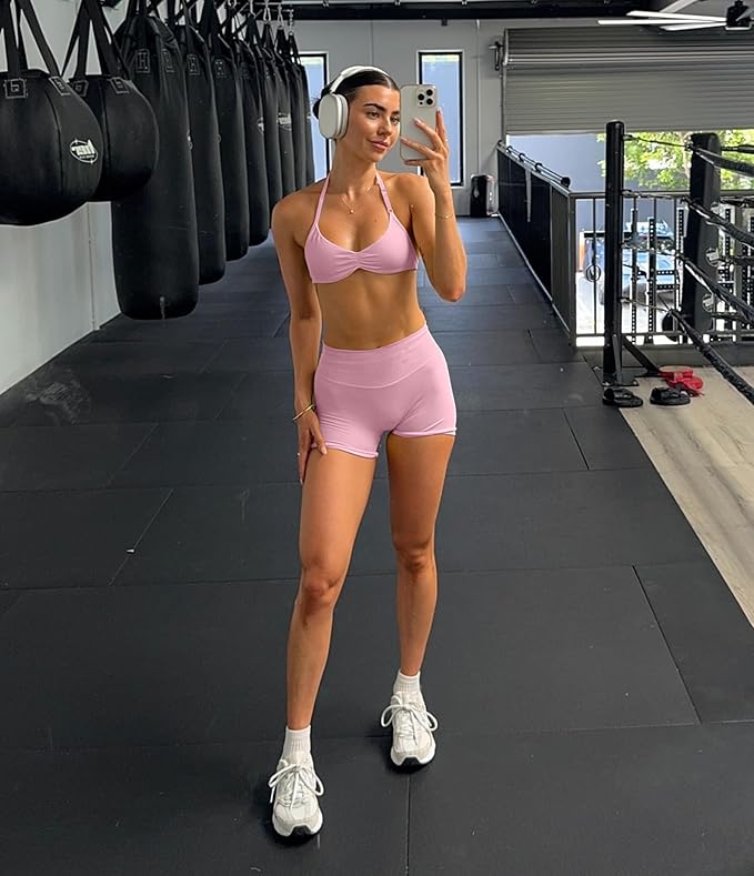 Comper 2 Piece Workout Sets for Women Halter Strappy Sports Bra with Seamless Ribbed Gym Yoga shorts Outfits