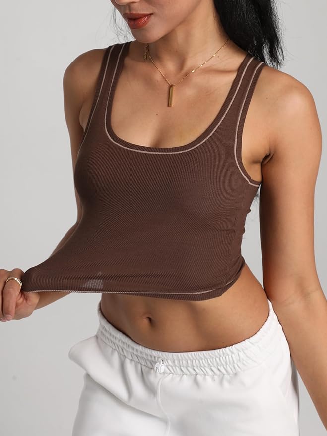 Danysu Women Rib Tank Top Padded Workout Top Square Neck Crop Tank Fitted Basic Cami Tops