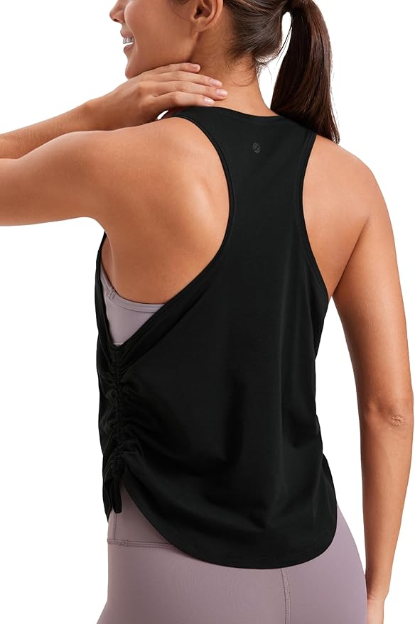 CRZ YOGA Pima Cotton Ruched Side Tank Tops for Women - Workout Athletic Casual Racerback Crewneck Loose Sleeveless Shirts