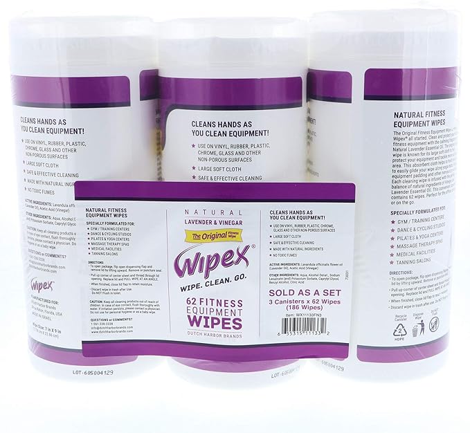 Wipex Original Natural Fitness Equipment Wipes - EWG Verified- Plant-Based Lint Free Cloth - Gym Wipes for Equipment, Yoga Mat, Peloton, Lavender and Vinegar, 50 Count (Pack of 3)