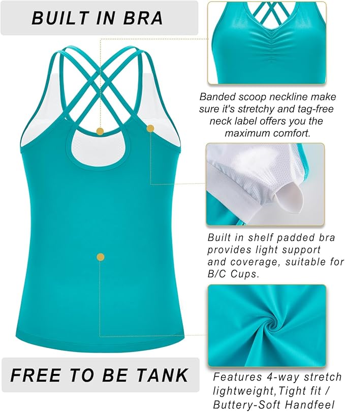 RUNNING GIRL Yoga Tank Tops for Women Built in Shelf Bra B/C Cups Strappy Back Activewear Workout Compression Tops