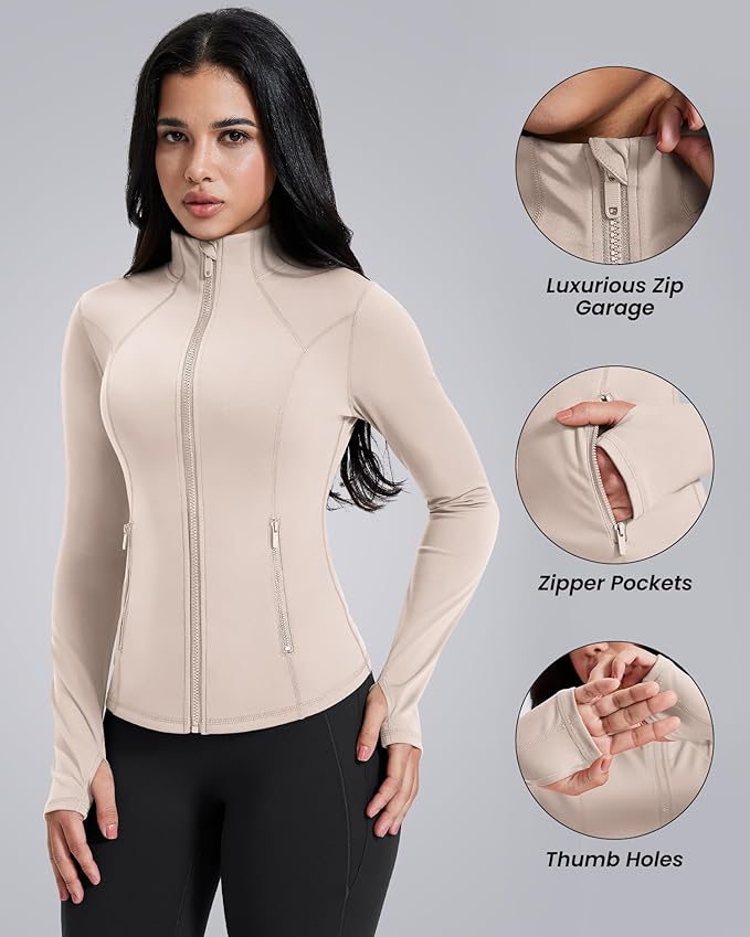 AVGO Womens Workout Jackets Lightweight Athletic Zip Up Jacket Slim Fit Running Gym Top with Pockets & Thumb Holes