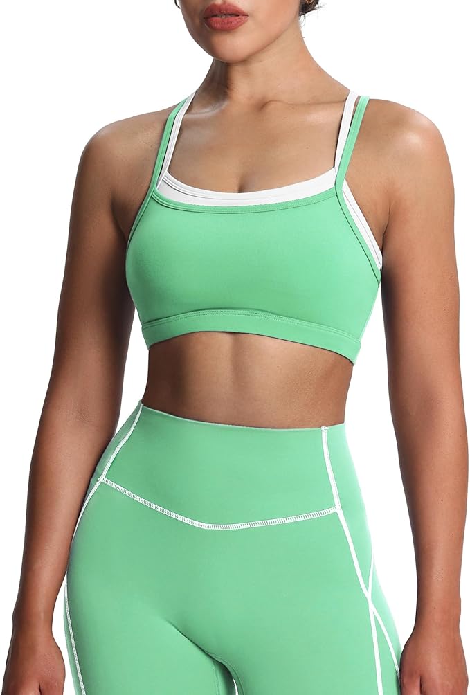 Aoxjox Women's Workout Sports Bras Takes Two Bra High Impact Training Fitness Running Yoga Crop Tank