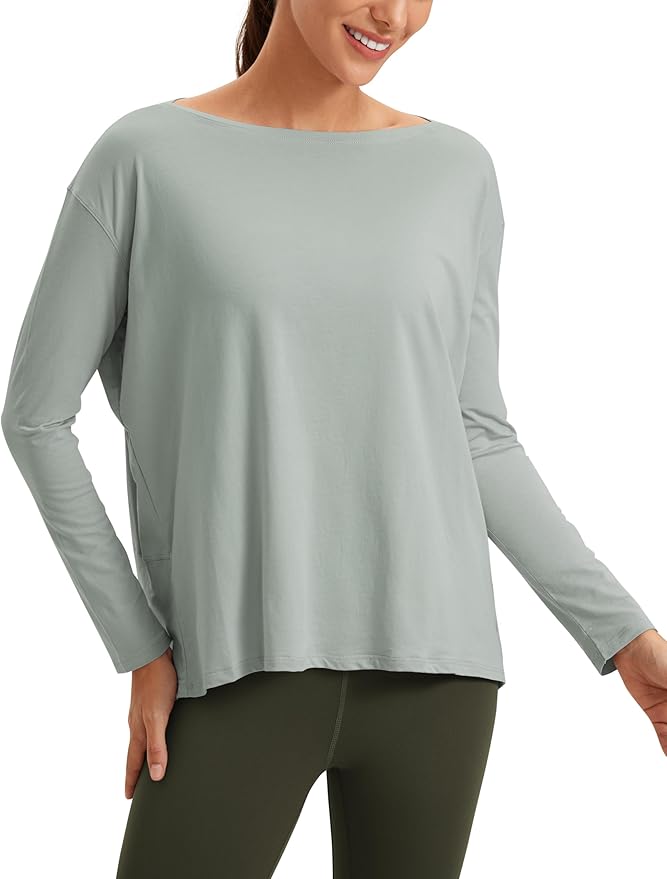 CRZ YOGA Pima Cotton Boat Neck Long Sleeve Shirts for Women - Workout Athletic Yoga Casual Tops Loose Fit Fall T-Shirts