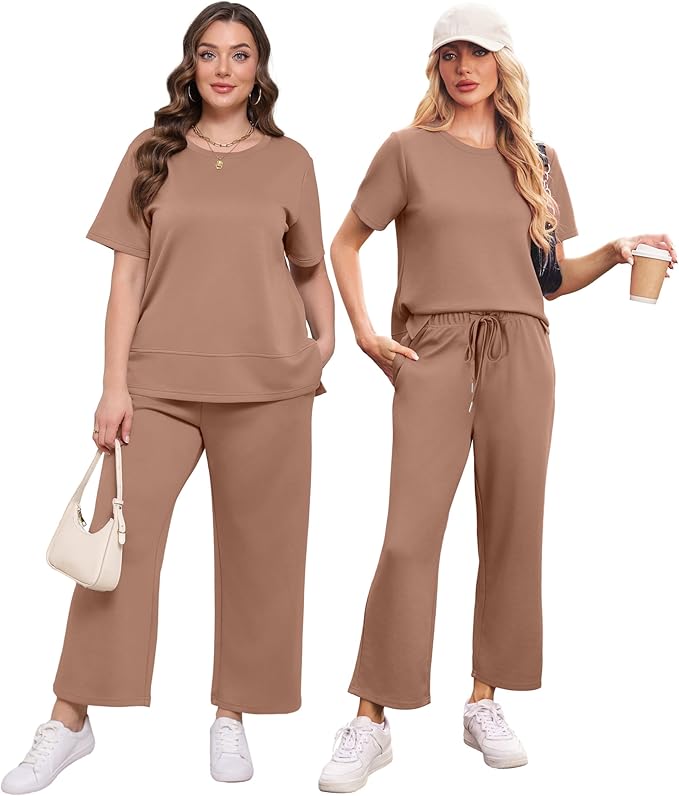 XIEERDUO Women's Side Slit Lounge Sets 2026 Fashion 2 Piece Travel Outfits Cozy Loungewear Wide Leg Tracksuits S-3XL