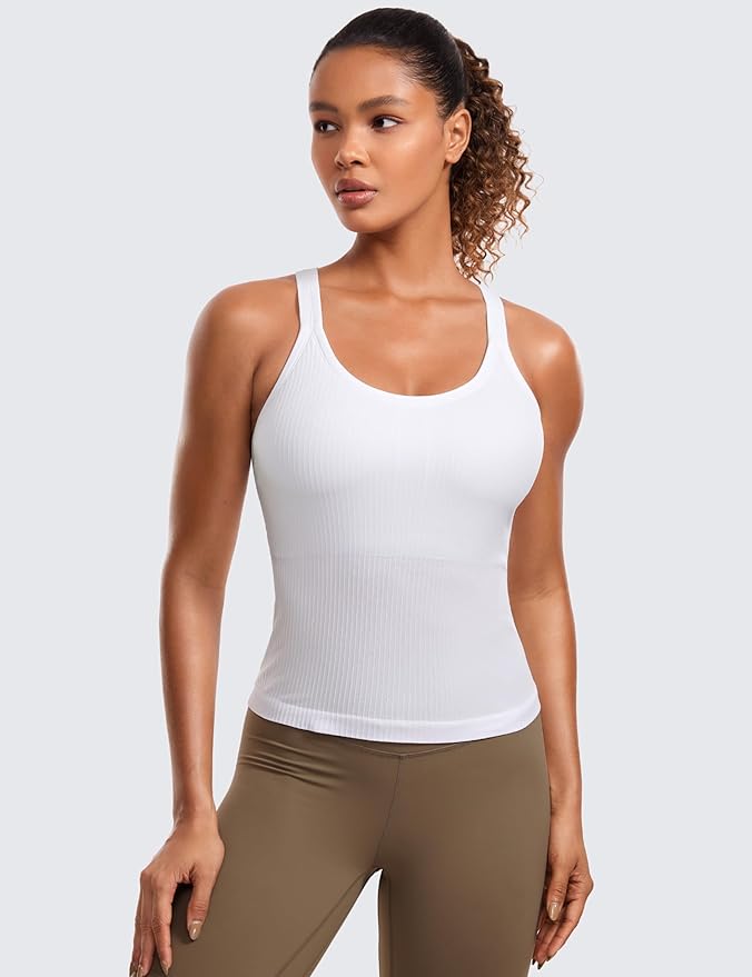 CRZ YOGA Seamless Ribbed Scoop Neck Tank Top for Women - Workout Racerback Padded Athletic Camisole with Built in Bra