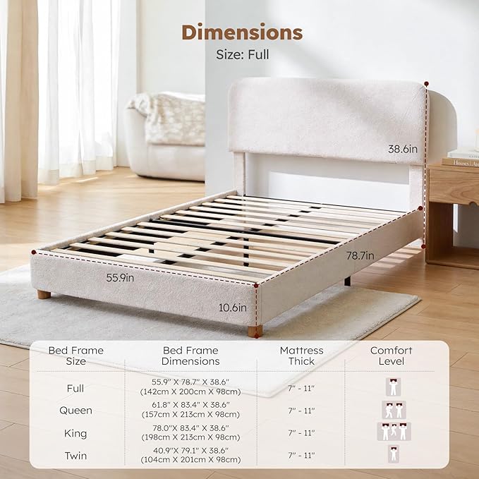 Full Size Cloud Bed Frame, Upholstered Boucle Bed Frame with Adjustable Headboard, Solid Wood Legs, Rounded Corners Design & Easy Assembly – Modern Platform Bed,Cream