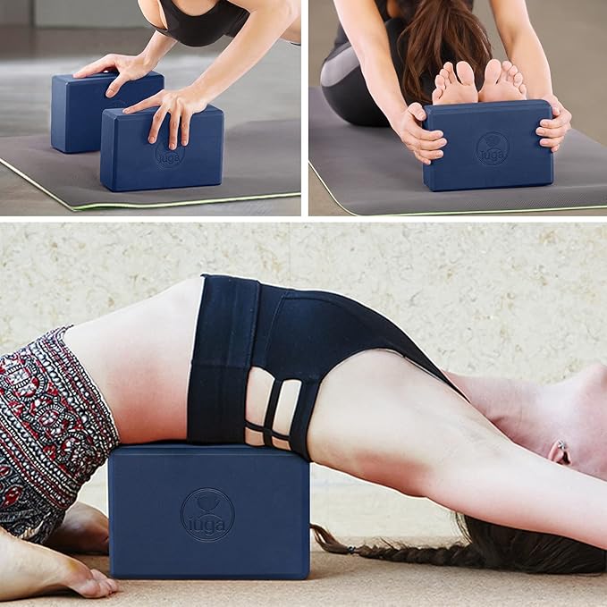 IUGA Yoga Blocks 2 Pack With Strap Non Slip High Density 9"x6"x3" Solid & Cork Yoga Block With Yoga Strap to Improve Strength Balance for Yoga Pilates Meditation