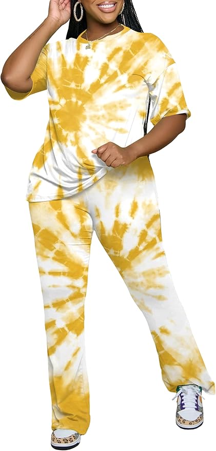 PINSV Women 2 Piece Outfits Short Sleeve Top and Flare Pants Lounge Sets Tracksuit