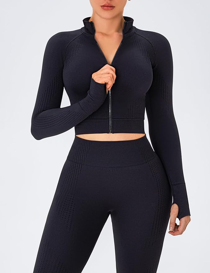 OLCHEE Womens Workout Sets 2 Piece Seamless Yoga Outfits Long Sleeve Zipper Jacket High Waist Leggings Butt Lifting Gym Set