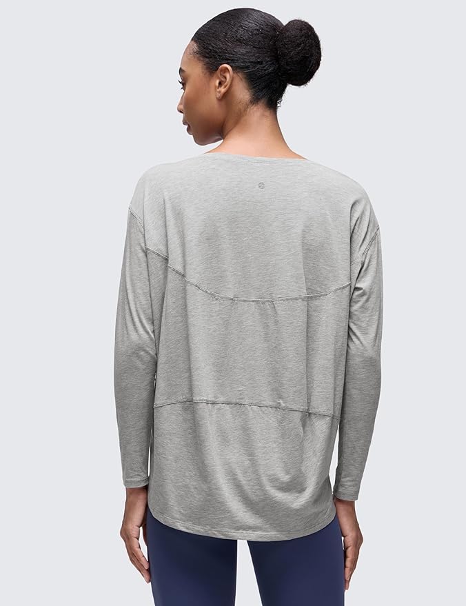 CRZ YOGA Pima Cotton Boat Neck Long Sleeve Shirts for Women - Workout Athletic Yoga Casual Tops Loose Fit Fall T-Shirts