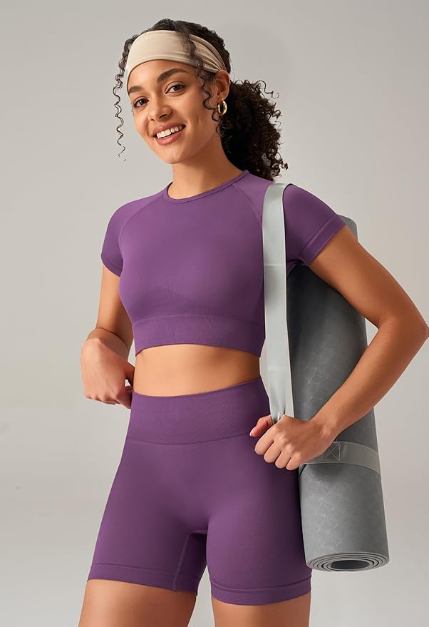 OLCHEE Womens Workout Sets 2 Piece - Seamless Acid Wash Yoga Outfits Shorts and Crop Top Matching Gym Athletic Clothing Set