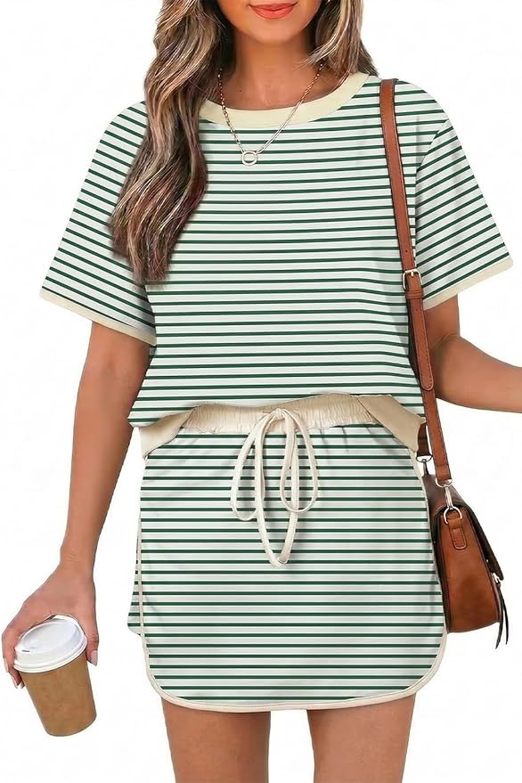 Opemiby Womens 2 Piece Skort Set 2026 Color Block Short Sleeve Top Drawstring Skort Matching Sets Casual Lounge Summer Outfit